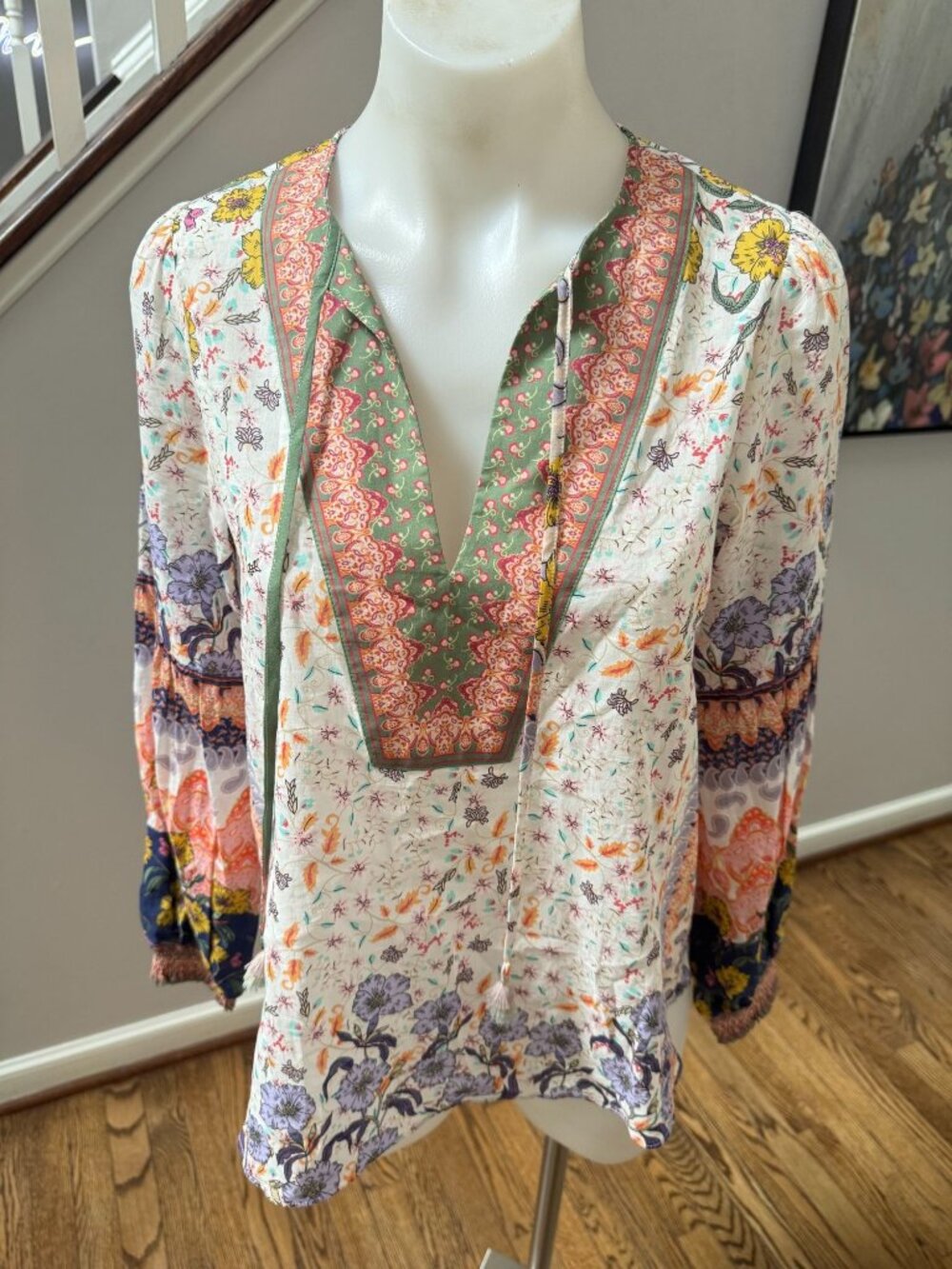HALE BOB 100% Cotton Tunic Top Blouse Floral Print Boho Size XS